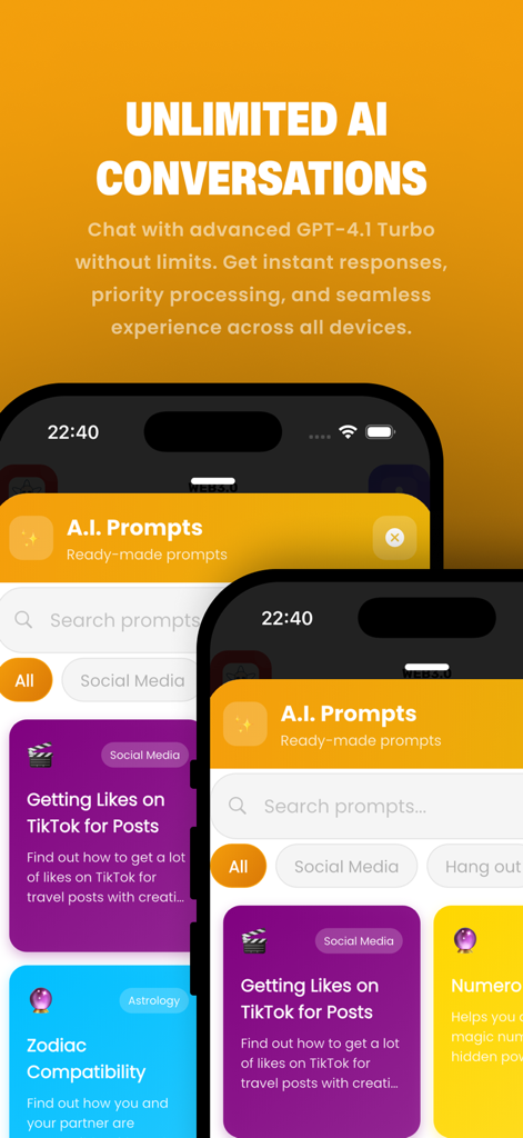 Interface mobile de l'application AI Chat montrant la fonction de conversations illimitées et une bibliothèque de prompts IA prêts à l'emploi pour les réseaux sociaux et l'astrologie.