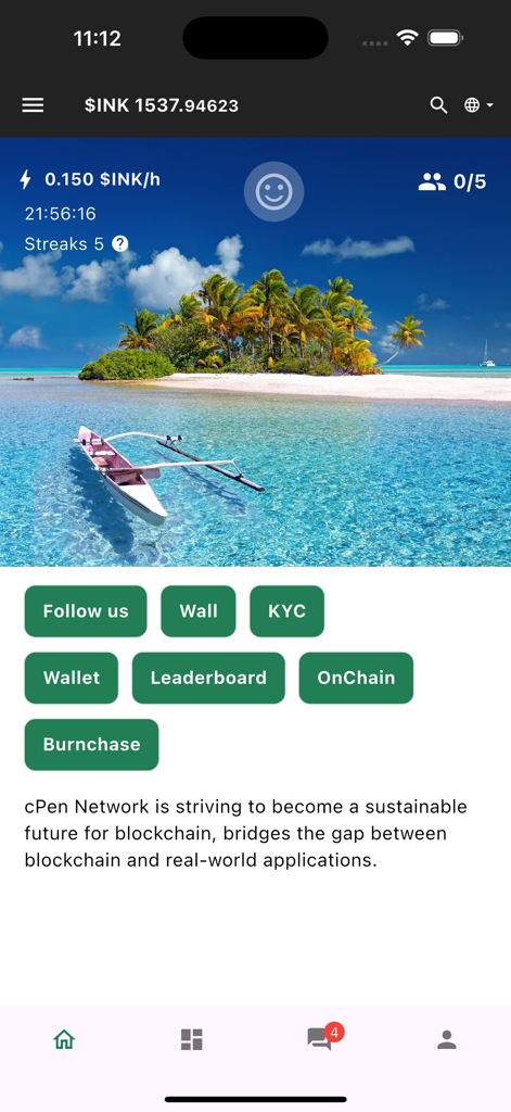 cPen Network - Dashboard of cPen Network app showing INK token balance and mining rate