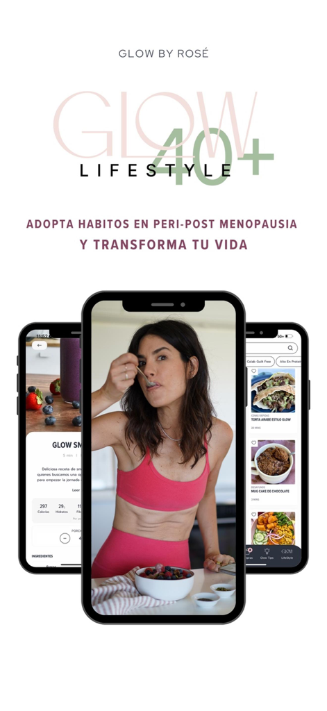 Glow by Rose App zeigt gesunde Ernährungspläne und Lebensgewohnheiten für Frauen über 40 und Menopause-Wellness.