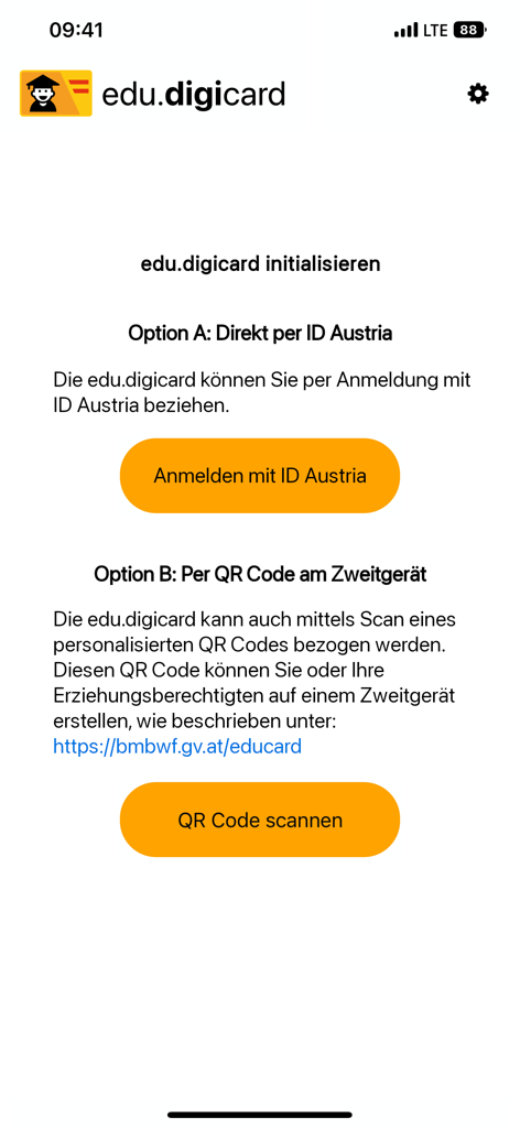 Startbildschirm der edu.digicard-App mit Einrichtungsoptionen für die ID Austria-Anmeldung oder QR-Code-Scan.