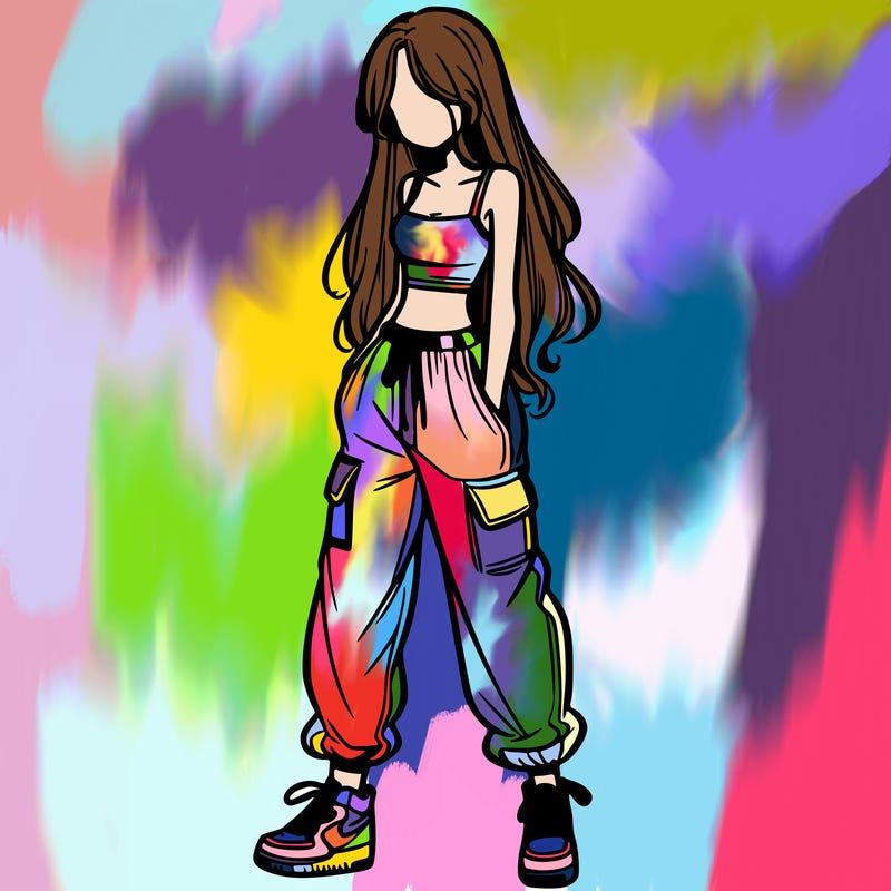 girl in baggy pants crop top and long hair