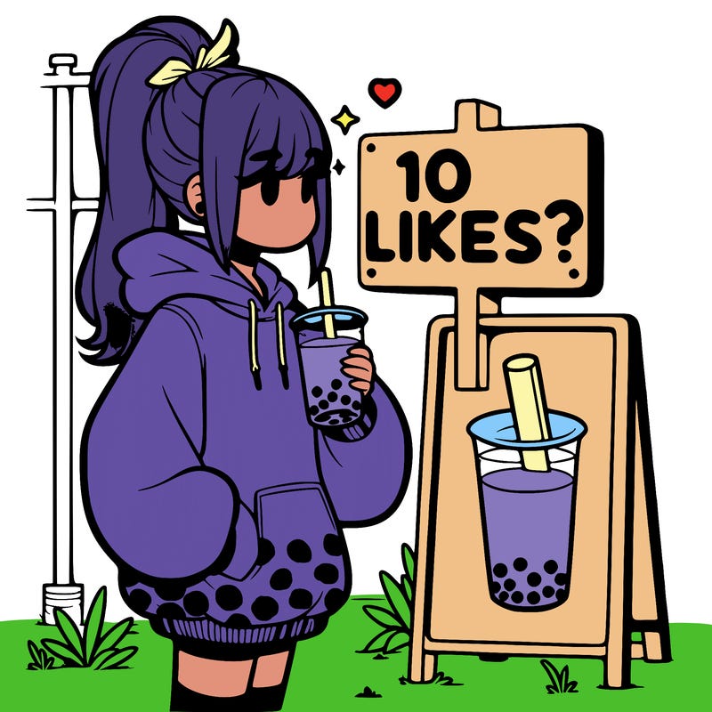 girl with oversized hoodie drinking boba and she has a high ponytail with a sign that says 10likes?