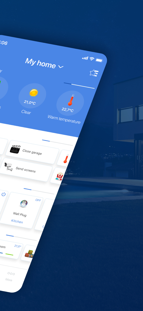 Interfaz de la aplicación Yubii Home Center mostrando el panel Mi Hogar con controles de temperatura y dispositivos inteligentes