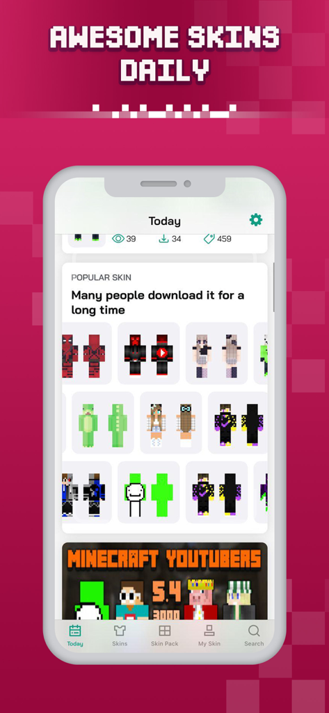Skins for Minecraft + Skinseed - Uma exibição de skins populares e em alta do Minecraft, incluindo personagens de YouTubers na interface do aplicativo.