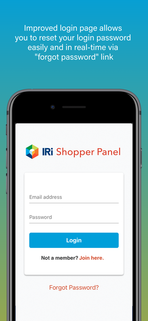 Scan n Go app login interface for IRI Shopper Panel members showing email and password input fields.