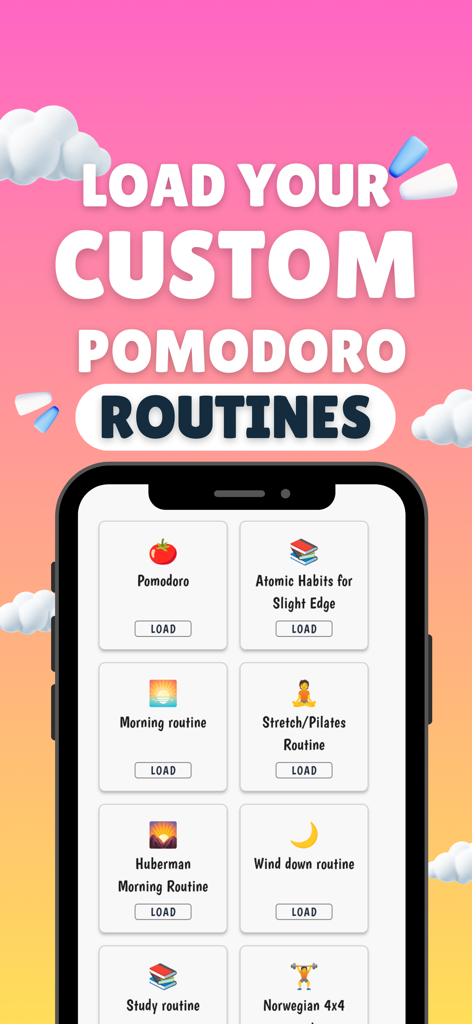 ChronoCat app screen showing customizable pomodoro routines like Huberman Morning and Atomic Habits