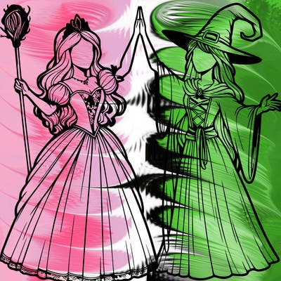 detailed realistic split of a princess and a witch