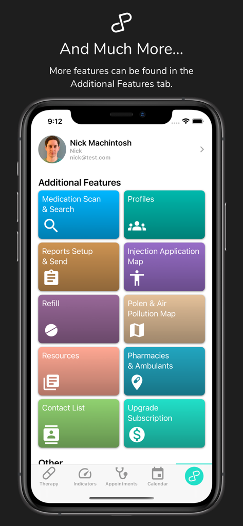 HealthLy: Therapy & Health - Dashboard of HealthLy app displaying additional features including medication scan injection application map and profiles management.