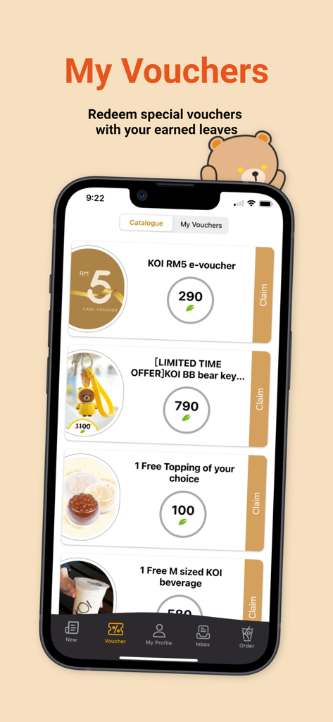 KOI Thé Malaysia - KOI Thé Malaysia app rewards catalogue screen showing vouchers and merchandise redeemable with earned leaves