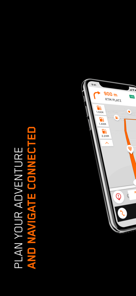 L'app KTMconnect mostra il percorso di navigazione della moto e le stazioni di servizio nelle vicinanze su uno smartphone