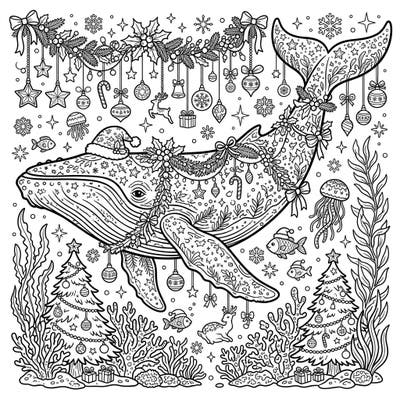 Explore a magical underwater Christmas with this unique coloring page featuring a magnificent baleen whale. Adorned with festive garlands and surrounded by holiday cheer, it's a perfect blend of marine wonder and seasonal joy.