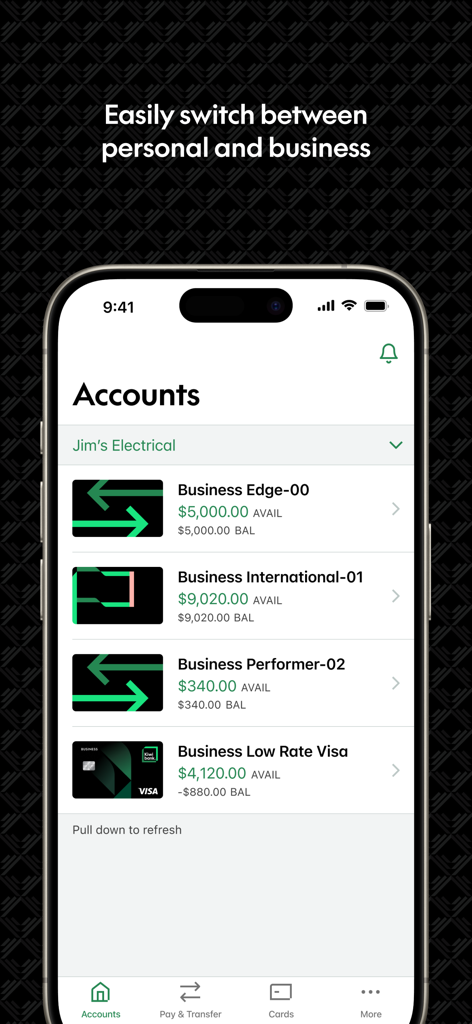 Kiwibank mobile app screen showing business bank accounts for Jim's Electrical.