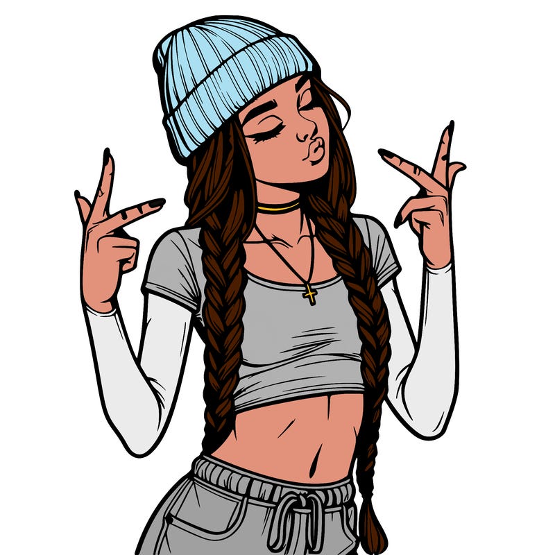 realistic teenage girl with braids and a beanie and crop top doing 🫶🏼