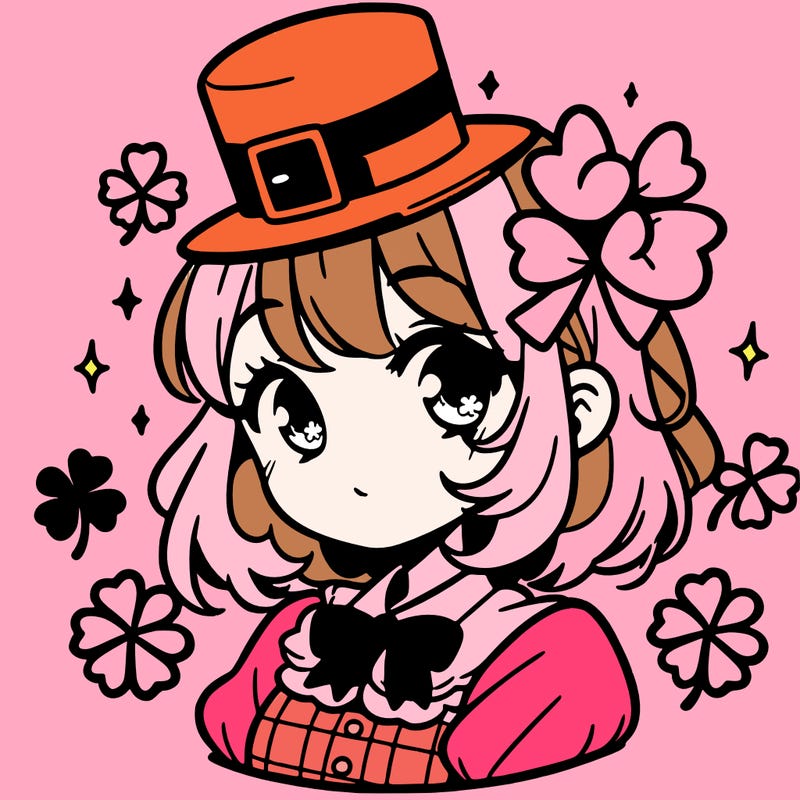 a manga-style girl with clovers around her, a little hat in her hair, like it's saint patrick's day