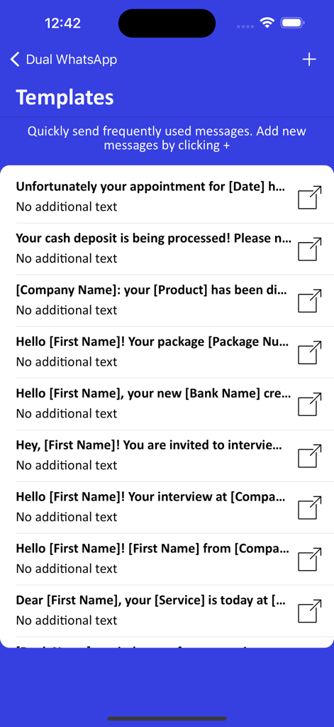 List of pre-saved WhatsApp message templates in the DualChat app for quick professional responses.