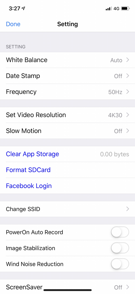 iSmart DV2 - Schermata delle impostazioni dell'app iSmart DV2 che mostra le opzioni di configurazione della fotocamera.