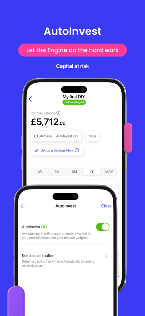InvestEngine mobile app interface displaying the AutoInvest feature for automatic ETF portfolio management
