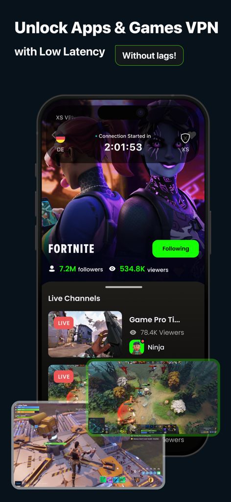 XS VPN: Fast & Secure Proxy - XS VPN interface highlighting low latency and lag-free gaming features for apps like Fortnite
