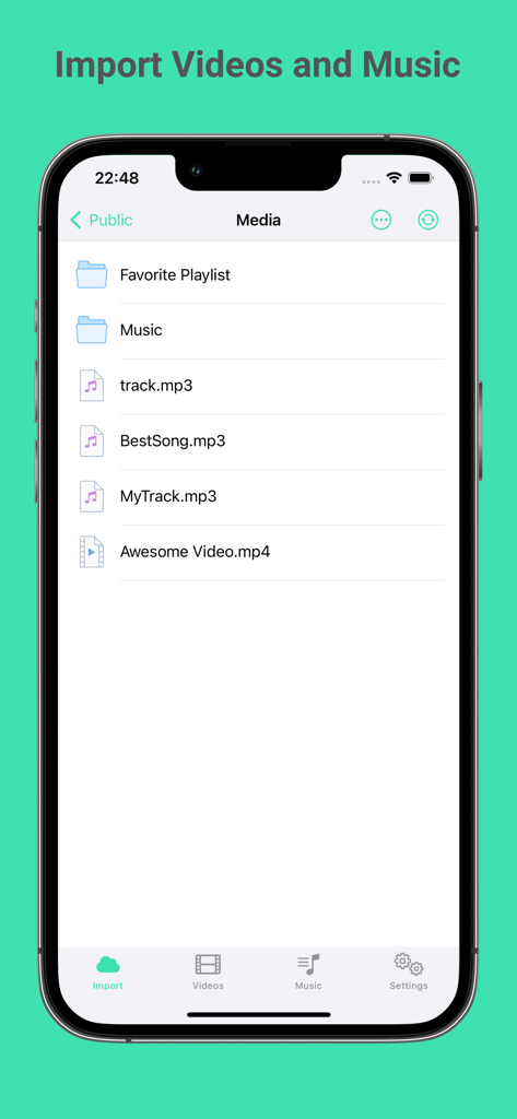OfflineMedia - Files Player - Interfaz para importar y gestionar archivos de música y vídeo sin conexión en la aplicación OfflineMedia.