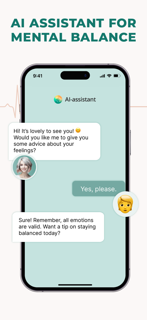Pulsebit: Heart Rate Monitor - Pulsebitアプリのインターフェースに、チャットウィンドウを介してメンタルバランスのアドバイスを提供するAIアシスタントが表示されている
