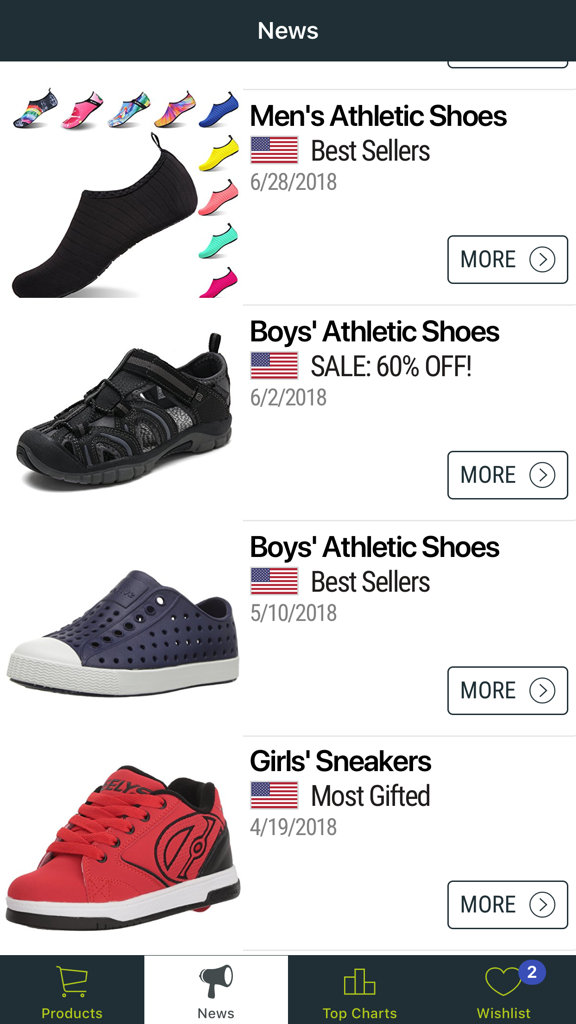 Sneakers Store - Feed de noticias en la app Sneakers Store mostrando zapatillas deportivas para hombre y niño con etiquetas de ofertas y los más vendidos.