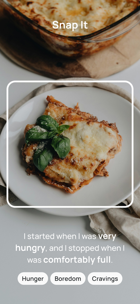 Food Diary & Intuitive Eating - Munch app screen showing a photo of a meal with intuitive eating hunger and fullness cues.