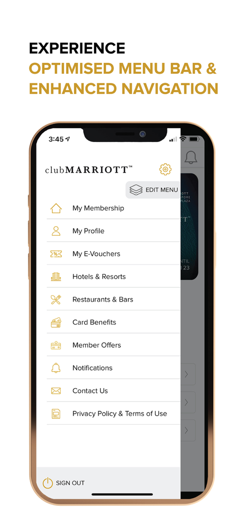 Interfaz de la aplicación Club Marriott Asia Pacific que muestra el menú de navegación optimizado con opciones de membresía y vales
