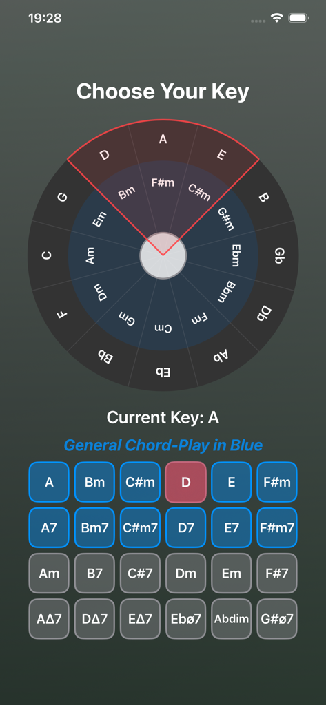 Chord-Play app interface showing the circle of fifths wheel and musical chord selection buttons.