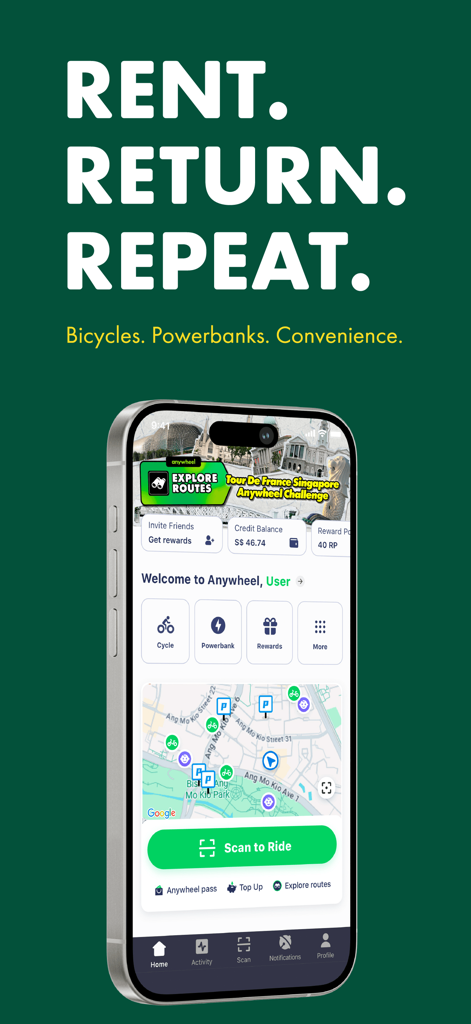 Anywheel - Anywheel app home screen featuring a bicycle rental map and scan to ride option