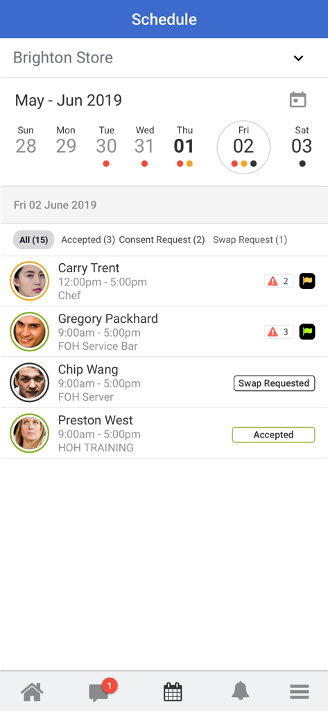 LIFELENZ app interface displaying employee shifts and roster schedule