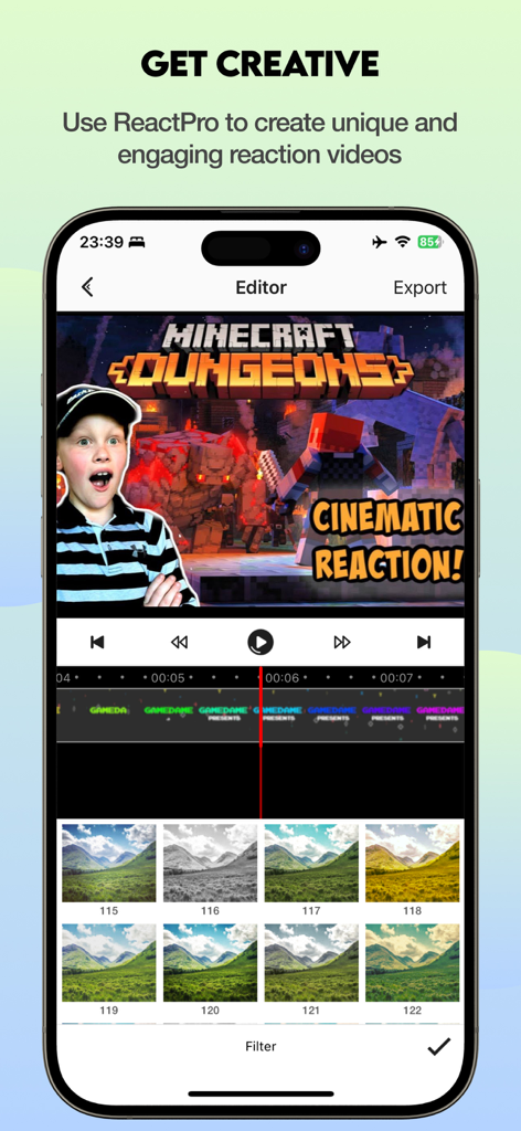 Video Reaction Maker Face Edit - Mobile app editor interface showing a gaming reaction video for Minecraft with editing tools and filters