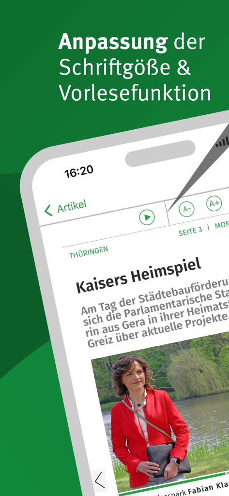 Thüringer Allgemeine E-Paper app interface displaying font size adjustment and read-aloud accessibility features on a news article