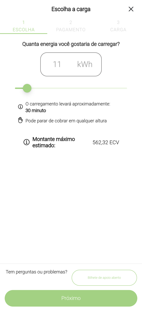 TECV - A mobile app screen for selecting the amount of kWh to charge an electric vehicle with time and cost estimates
