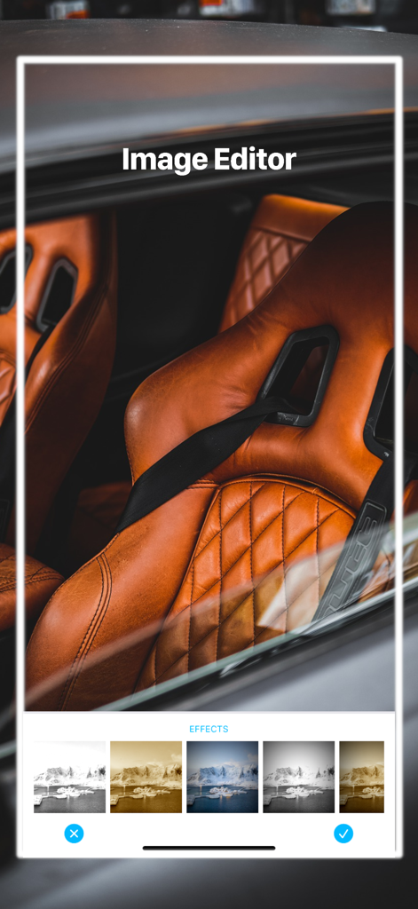 Interfaz de aplicación móvil que muestra efectos de editor de imágenes con una variedad de filtros fotográficos para retoque profesional.