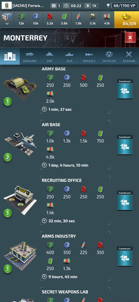 Captura de pantalla del menú de construcción de ciudades en Supremacy World War 3 que muestra las opciones de construcción de bases militares y los costos de recursos