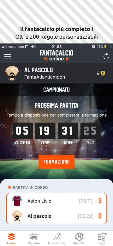 Fantacalcio Online - Dashboard home dell'app Fantacalcio Online che mostra il conto alla rovescia delle partite e i punteggi live.