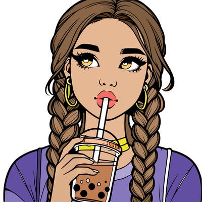 realistic girl with braided hair drinking boba