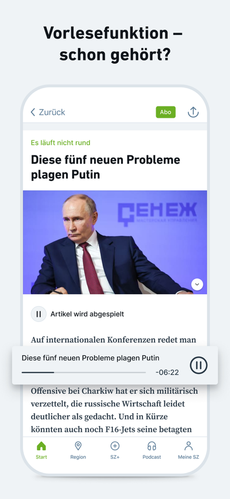 Interface do aplicativo de notícias SZ exibindo um artigo com opção de reprodução de áudio