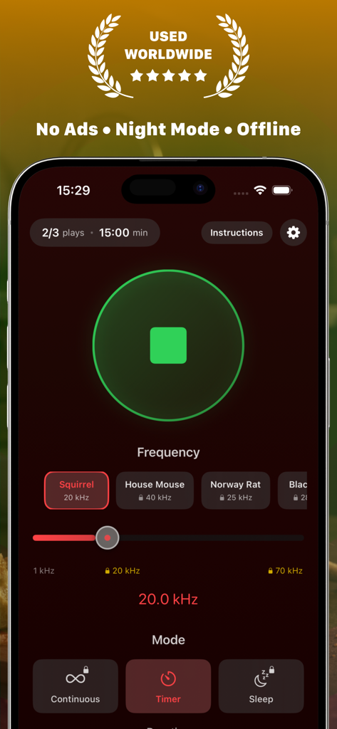 Rodent Repellent - Main user interface of the Rodent Repellent app showing ultrasonic frequency selection for squirrels and mice.
