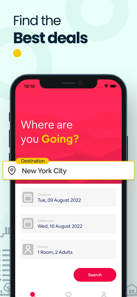 Écran de recherche d'application de réservation d'hôtel pour trouver les meilleures offres à New York
