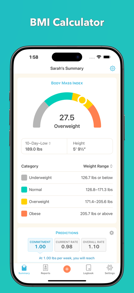 Captura de pantalla de la aplicación Happy Scale que muestra la calculadora de IMC y las categorías de rango de peso.
