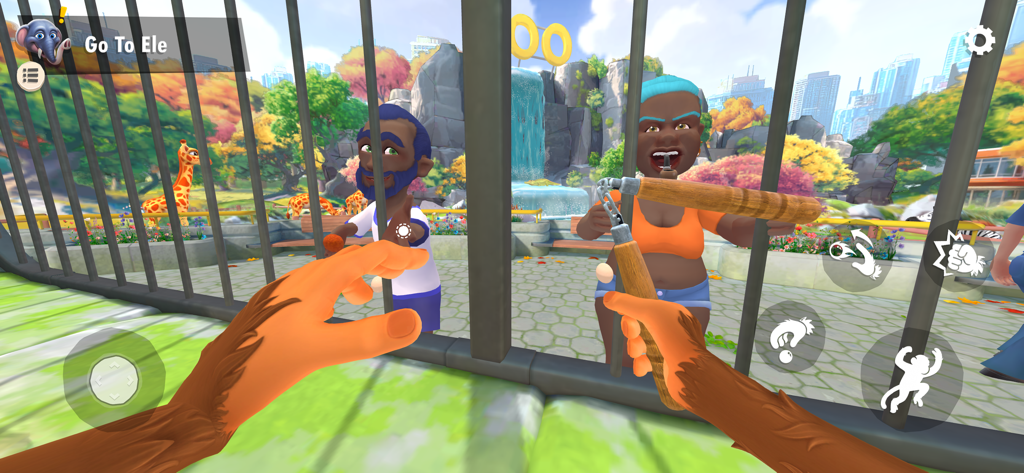 I Am Monkey - original game - First person view of a monkey holding nunchucks in a zoo cage interacting with visitors