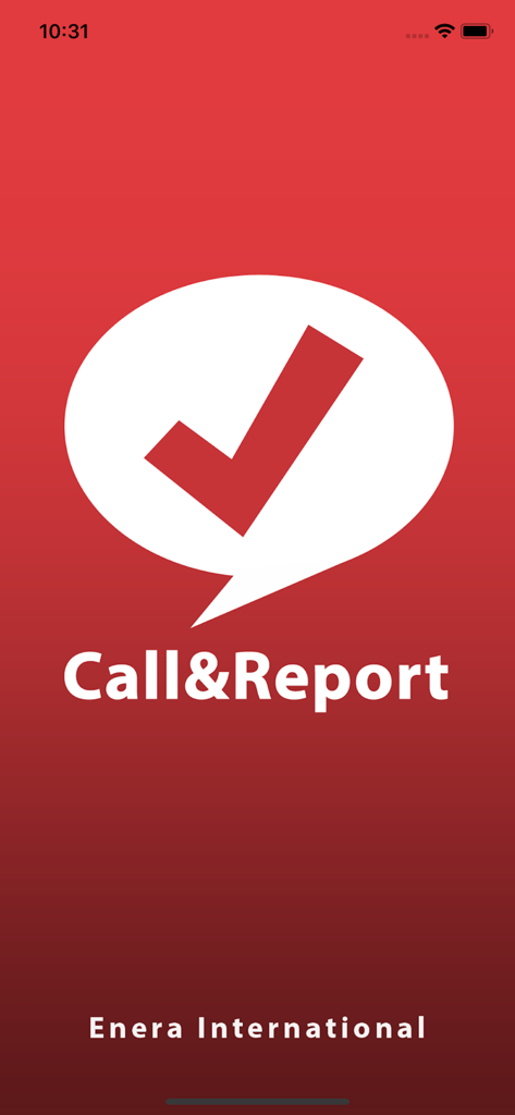 Splash screen of the Call and Report app featuring its logo and Enera International branding on a red background.