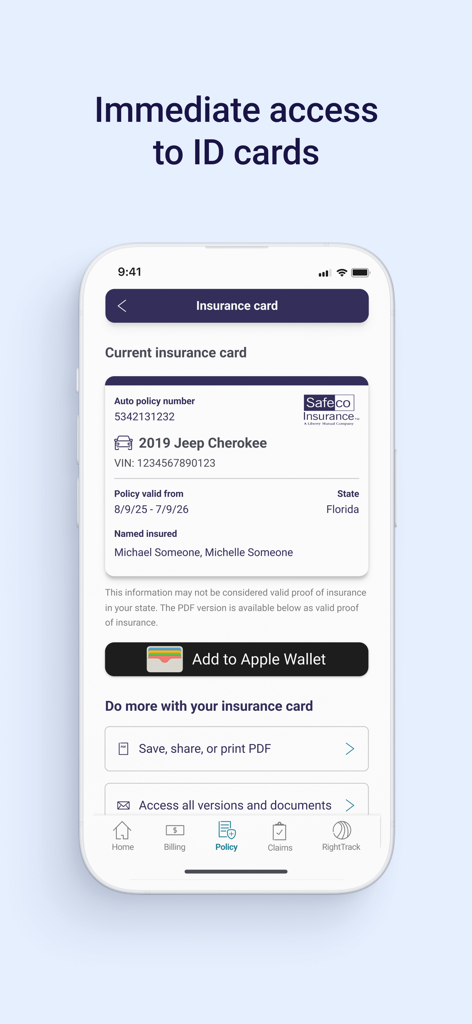 Digital insurance card on the Safeco Mobile app with an option to add to Apple Wallet.