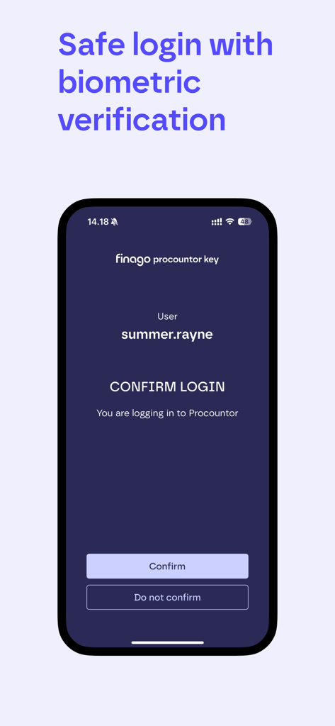 Procountor Key - Procountor Key mobile app interface showing a secure biometric login confirmation screen for a user