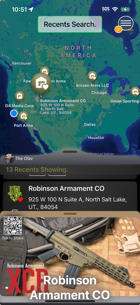 Interfaz del mapa de la aplicación Plinkr que muestra ubicaciones de minoristas de armas de fuego y campos de tiro en toda América del Norte.