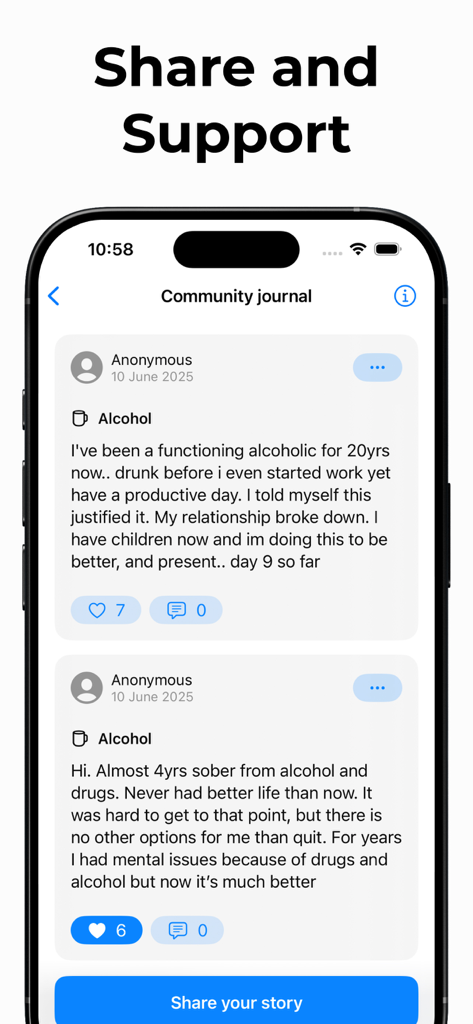 Sober - Try Dry February - Community journal screen in the Sober app showing anonymous users sharing their sobriety journeys and stories.