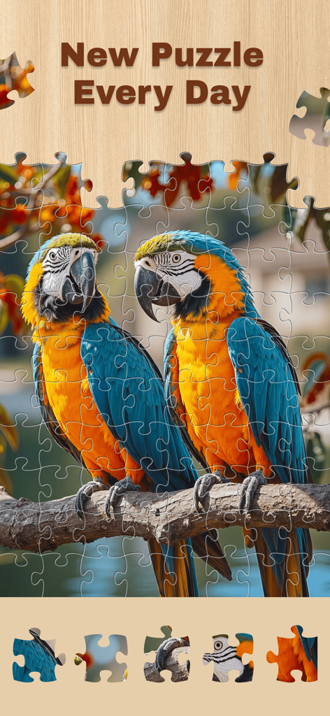 Jigsaw Puzzle: Magic Game - Puzzle de rompecabezas digital que presenta dos loros coloridos en una rama con texto de actualización diaria