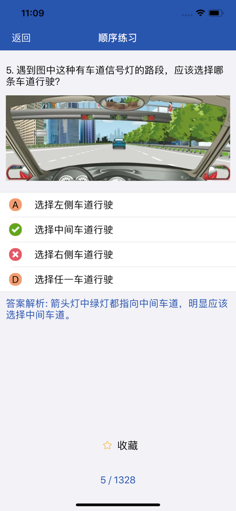 科目一-驾考2024题库，刷题模拟考试拿驾照必备宝典 - A mobile app screen showing a Chinese driving test practice question about lane signals with multiple choice options and answer explanations