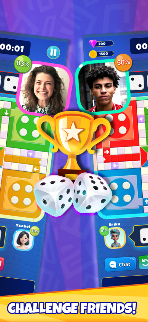 Crazy Ludo mobile game interface featuring multiplayer mode and challenge friends text